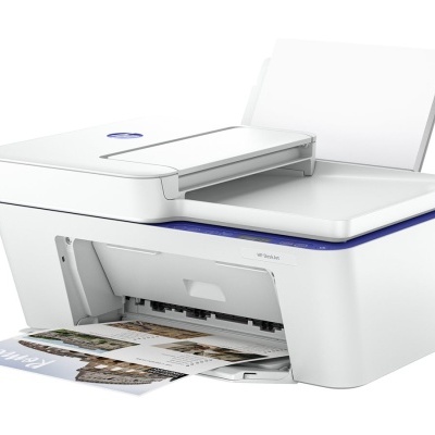 Impressora multifuncional branca e azul com papel a sair