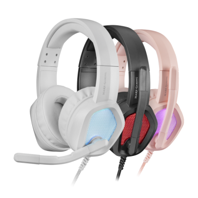 Três headphones com microfone e luzes LED nas cores branco, preto e rosa
