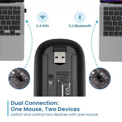 Rato sem fios preto com ligação dupla 2.4 GHz e Bluetooth 5.2 entre dois portáteis cinza