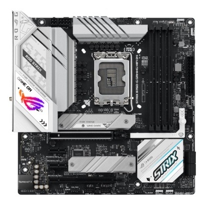 Placa-mãe ASUS ROG STRIX Z790-E GAMING WIFI com dissipadores prateados e detalhes em branco e preto