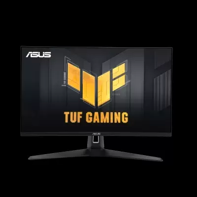 Monitor ASUS TUF GAMING com ecrã preto e logotipo amarelo
