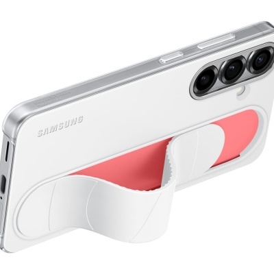 Smartphone branco Samsung com capa e suporte flexível cor de coral