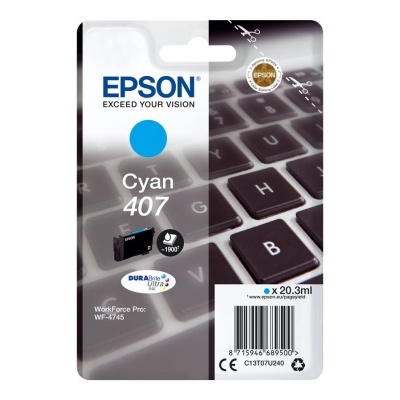 Embalagem do cartucho de tinta Epson Cyan 407 para impressora WorkForce Pro WF-4745