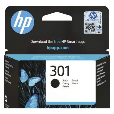Embalagem de tinteiro HP 301 preto com fundo preto e azul, borboletas e texto multilingue