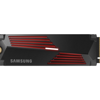 Unidade SSD Samsung preta com detalhes vermelhos e conetores dourados