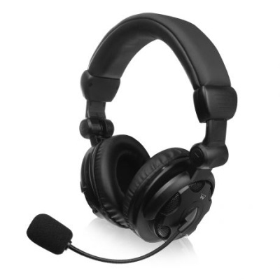 Headset preto com microfone ajustável e almofadas de espuma