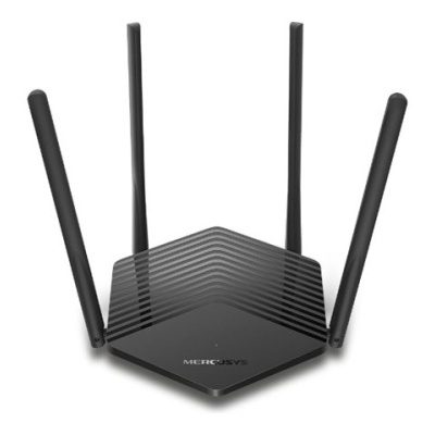 Router preto com quatro antenas e textura diagonal