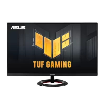 Monitor ASUS TUF GAMING preto com suporte redondo e logótipos amarelos no ecrã