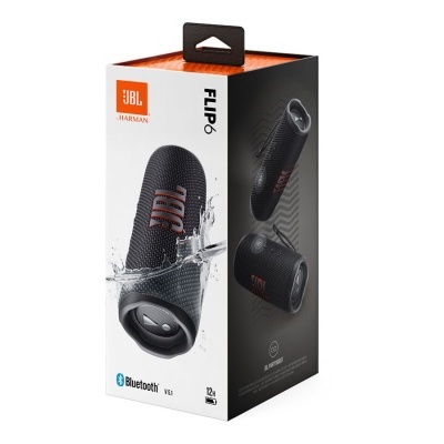 Embalagem de coluna portátil JBL FLIP 6 preta com texto e logótipo visíveis