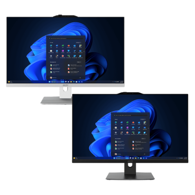 Dois monitores de computador com suporte branco e preto exibindo interface Windows