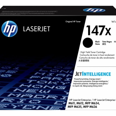 Caixa de toner HP LaserJet 147X preto com design azul e preto e texto multilíngue