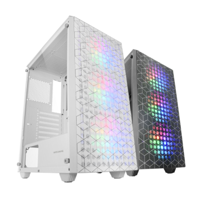Dois gabinetes de computador RGB, um branco e um preto com padrão hexagonal