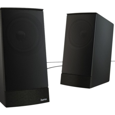 Colunas de computador Hama em preto com grelha em metal.