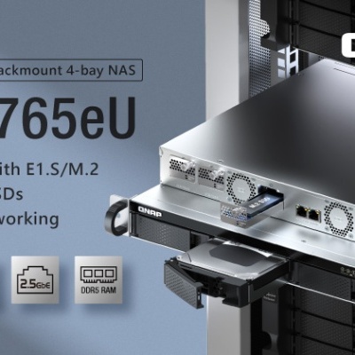 NAS QNAP TS-h765EU 1U prata com 4 baias e características técnicas visíveis