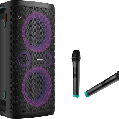 Coluna de som preta Hisense com microfones e luzes LED