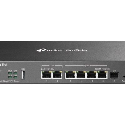 Router TP-Link OM360 cinzento escuro com 5 portas ethernet e portas USB