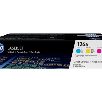 Caixa de toner HP LaserJet tri-pack 126A com cores ciano, amarelo e magenta