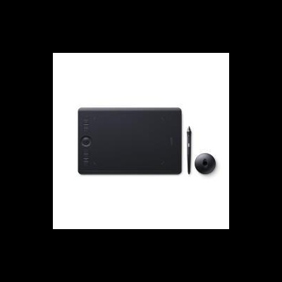 Mesa digitalizadora preta com caneta e suporte sobre fundo branco