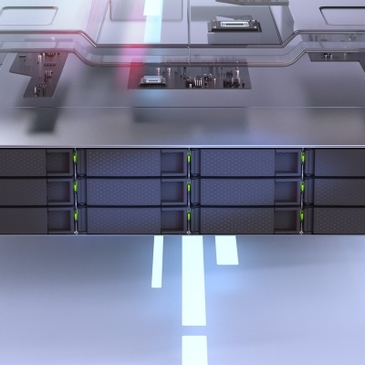 Servidor de rack preto com tampa translúcida em ambiente futurista