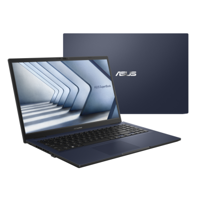 Portátil ASUS ExpertBook azul escuro aberto e visto de frente com tampa fechada ao fundo