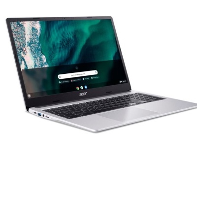 Notebook Acer cinza com teclas pretas e ecrã com imagem de paisagem