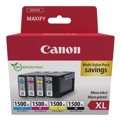 Pack de tinteiros Canon MAXIFY XL 1500 coloridos em embalagem vermelha e branca