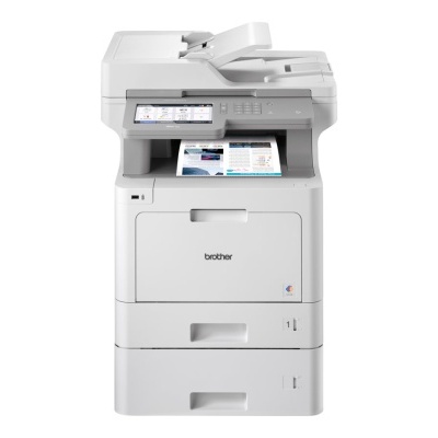 Impressora multifunções Brother cinza claro com ecrã táctil e bandejas de papel