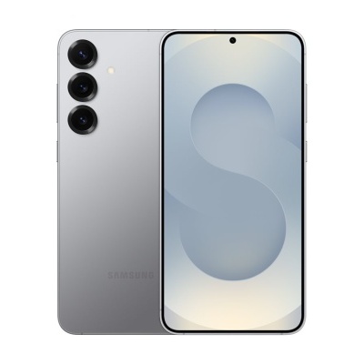 Smartphone Samsung cinza prateado com três câmaras traseiras e ecrã grande