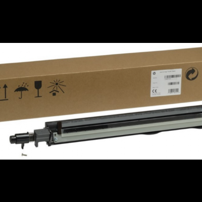 Unidade de revelação preta e cinzenta com parafuso e caixa de papelão castanha com símbolos