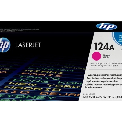 Caixa de toner HP LaserJet 124A magenta com texto e padrão colorido