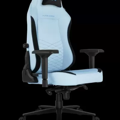 Cadeira gaming azul clara com detalhes pretos e apoio de cabeça