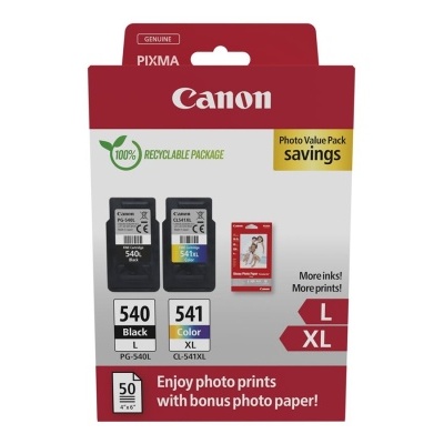 Pacote de tinteiros Canon PIXMA 540 Black e 541 Color XL com oferta de papel fotográfico
