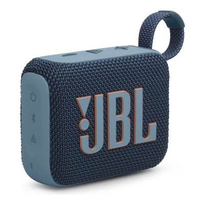 Coluna portátil JBL azul escuro com textura têxtil e alça de transporte