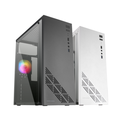 Dois computadores de secretária, um cinzento com vidro e ventoinha RGB e outro branco com padrões triangulares