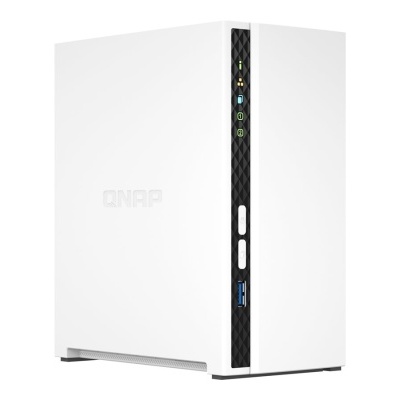 Servidor de armazenamento QNAP branco com painel frontal preto com LEDs e portas USB