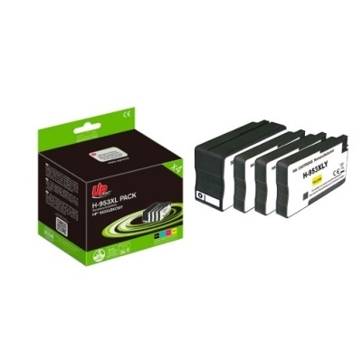 Pack de cartuchos de tinta em várias cores e caixa preta com detalhes verdes