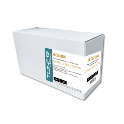 Caixa de cartucho de toner branca com etiquetas coloridas e texto informativo