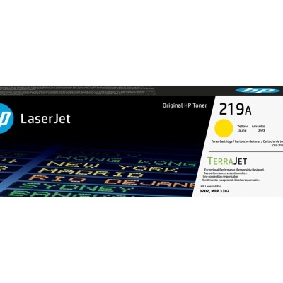 Caixa de toner HP LaserJet 219A amarela em embalagem preta e branca