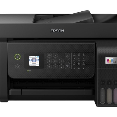 Impressora multifunções preta EPSON com ecrã digital e tanque de tinta visível