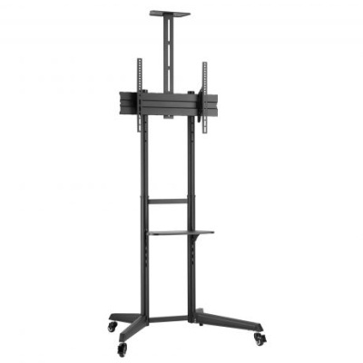 Suporte móvel preto para televisão com rodas e prateleira inferior