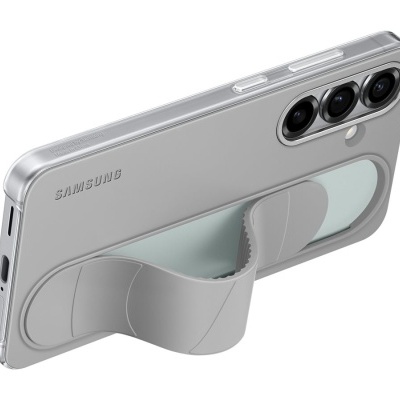 Smartphone Samsung prateado com suporte flexível cinzento na parte de trás