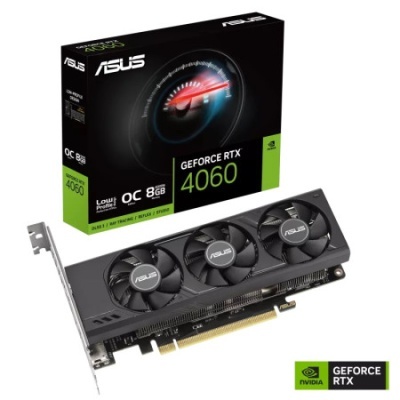 Placa gráfica ASUS GeForce RTX 4060 com três ventoinhas e caixa preta e verde