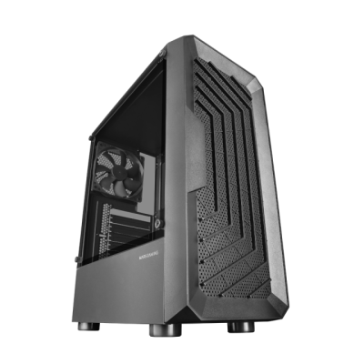 Torre de computador preta com painel lateral de vidro e ventoinha interna visível