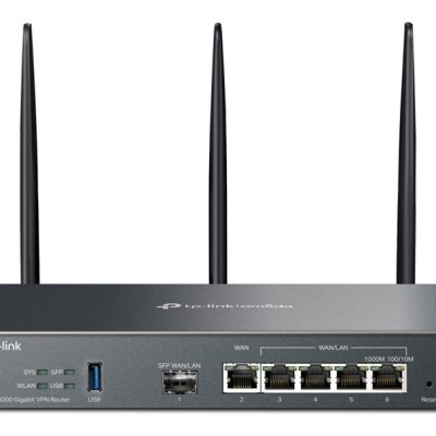 Roteador TP-Link Omada AX3600 Gigabit VPN com três antenas e várias portas