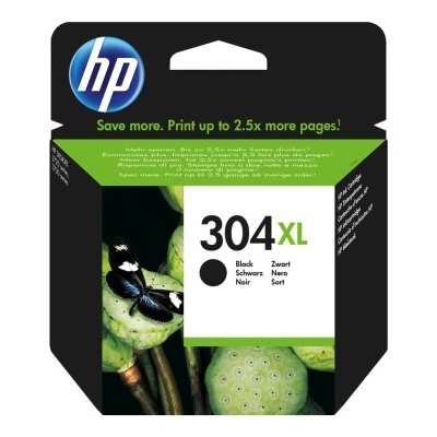 Cartucho de tinta HP 304 XL preto em embalagem preta e verde com imagem de borboleta