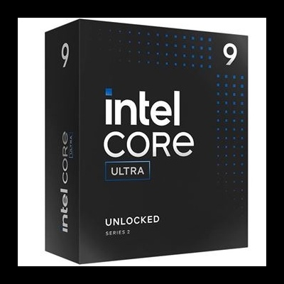 Caixa preta de processador Intel Core Ultra com design azul e branco
