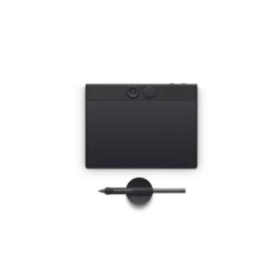 Mesa digitalizadora preta com caneta e suporte sobre fundo branco