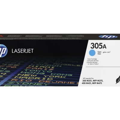 Cartucho de toner HP LaserJet 305A CE411A ciano em caixa preta com texto branco e gráficos coloridos