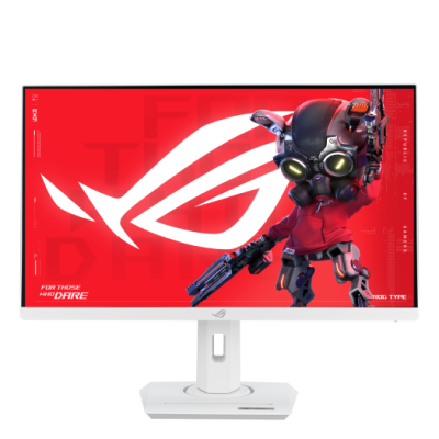 Monitor de computador branco com imagem vermelha e logotipo ROG com personagem robótica
