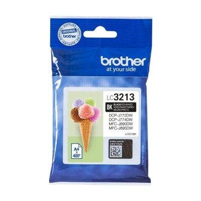 Tinteiro Brother LC3213 BK preto em embalagem azul com imagem de gelado